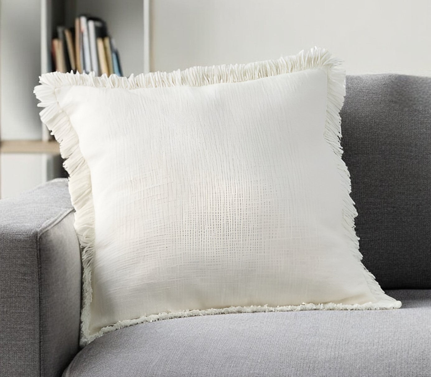 22" Ivory Cotton Throw Pillow With Fringe