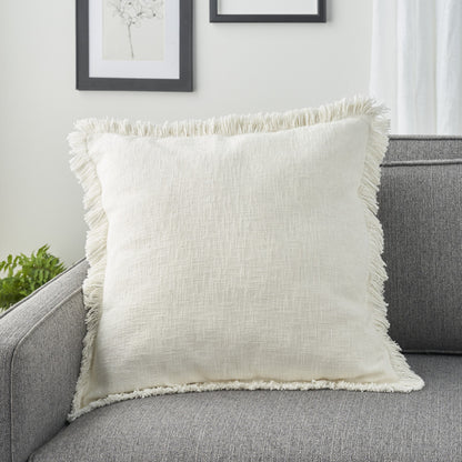 22" Ivory Cotton Throw Pillow With Fringe