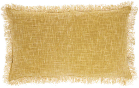 24" X 14" Yellow Linen Cotton Zippered Pillow With Fringe