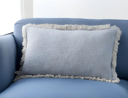 14" X 24" Blue Cotton Throw Pillow With Fringe