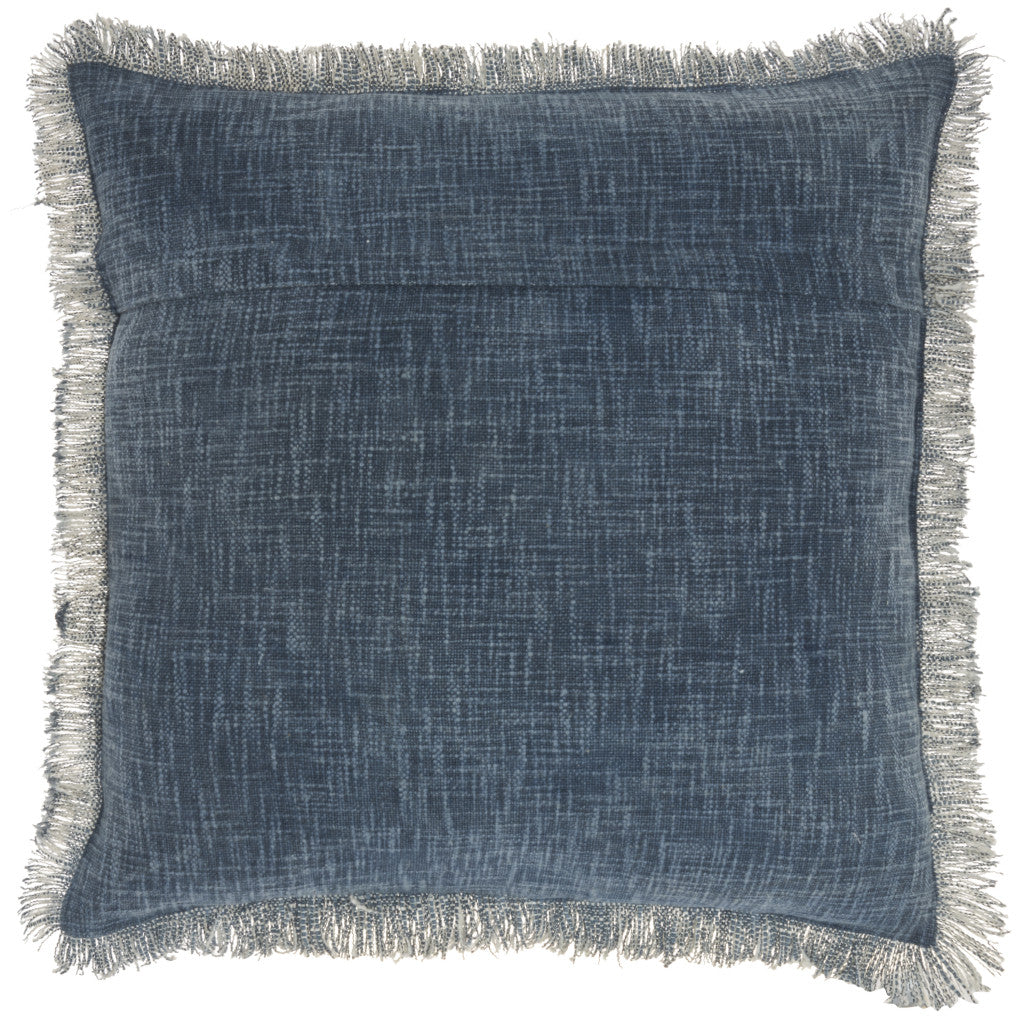 22" Navy Blue Cotton Throw Pillow With Fringe