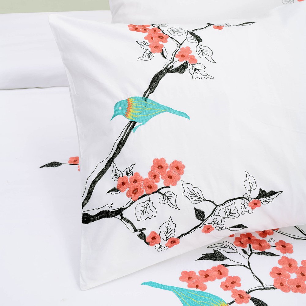 Coral and White Queen 100% Cotton 200 Thread Count Washable Duvet Cover Set