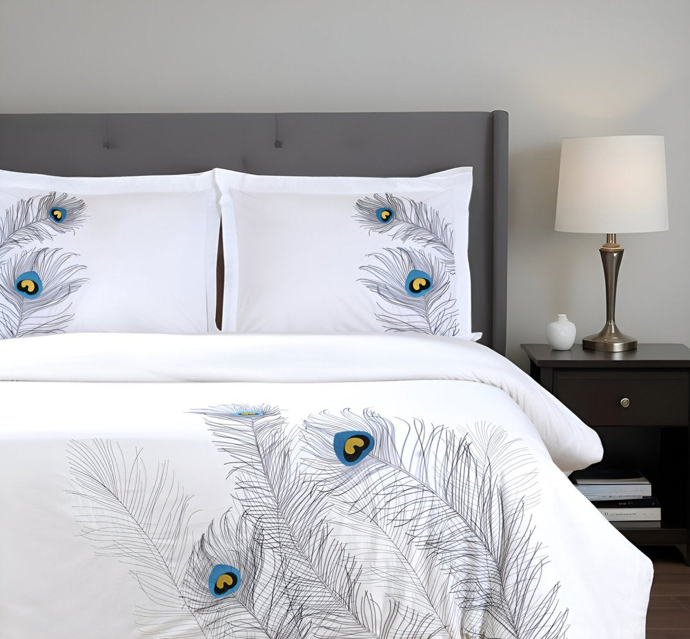 Blue And White King Cotton Washable Duvet Cover Set With Two Shams