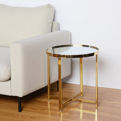 22" Gold Glass And Stainless Steel Round Mirrored End Table