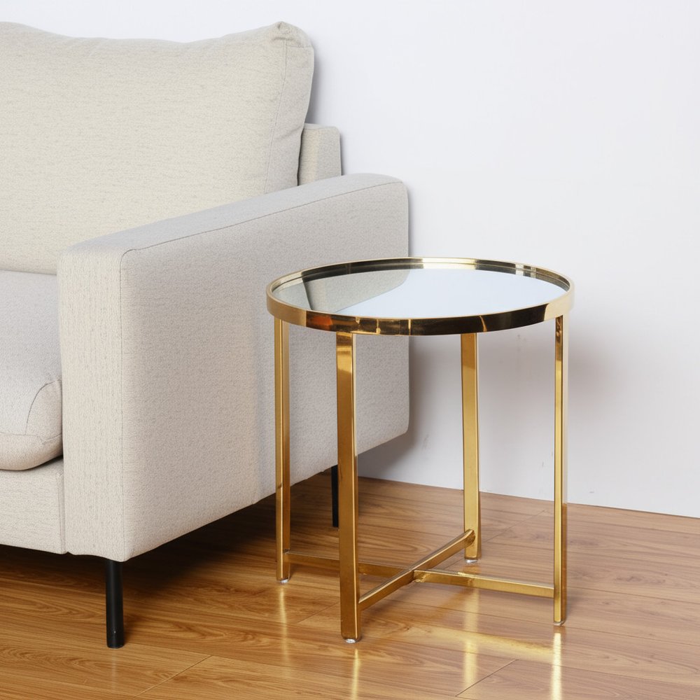 22" Gold Glass And Stainless Steel Round Mirrored End Table