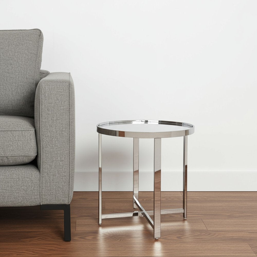 22" Gold Glass And Stainless Steel Round Mirrored End Table