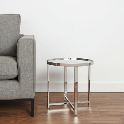 22" Gold Glass And Stainless Steel Round Mirrored End Table