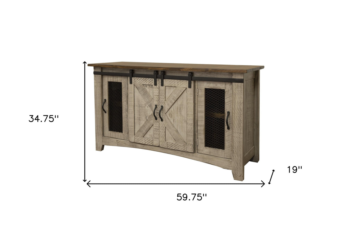 60" Gray Solid Wood Cabinet Enclosed Storage Distressed TV Stand