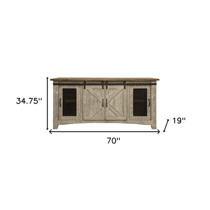 70" Gray Solid Wood Cabinet Enclosed Storage Distressed TV Stand