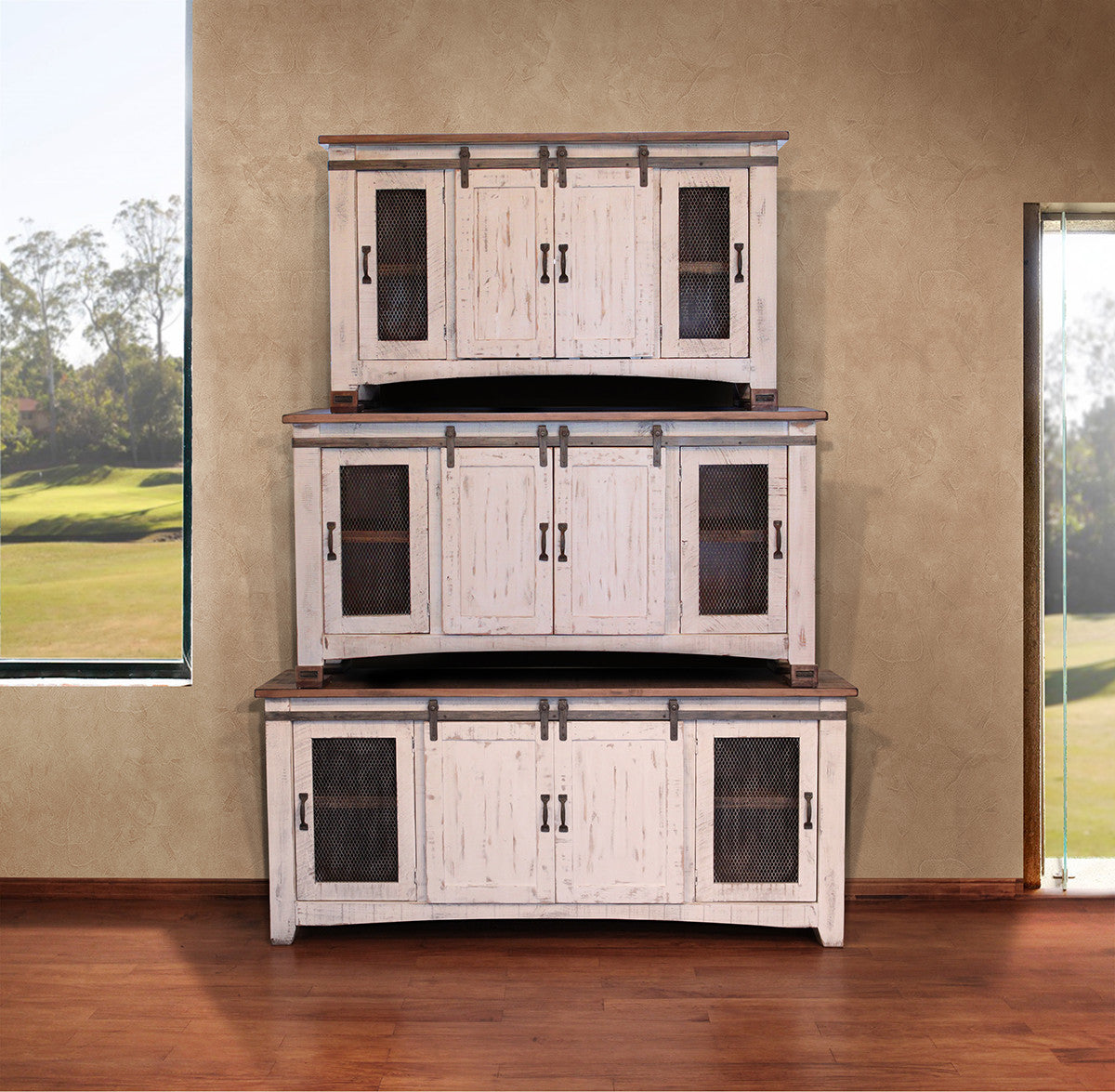 79" White Solid Wood Cabinet Enclosed Storage Distressed TV Stand