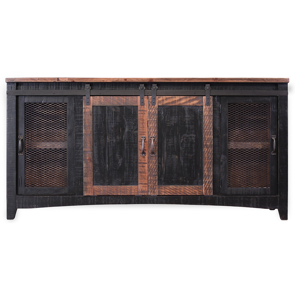 68" Black Solid Wood Cabinet Enclosed Storage Distressed TV Stand