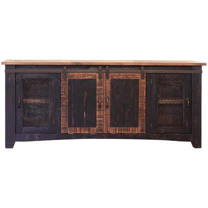 70" Black Solid Wood Cabinet Enclosed Storage Distressed TV Stand
