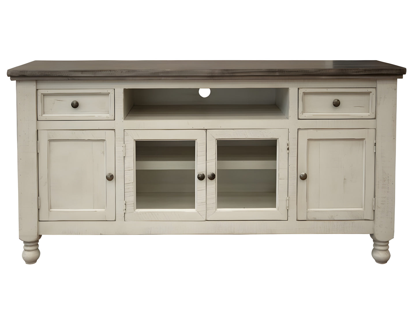 60" Ivory Solid Wood Open shelving Distressed TV Stand