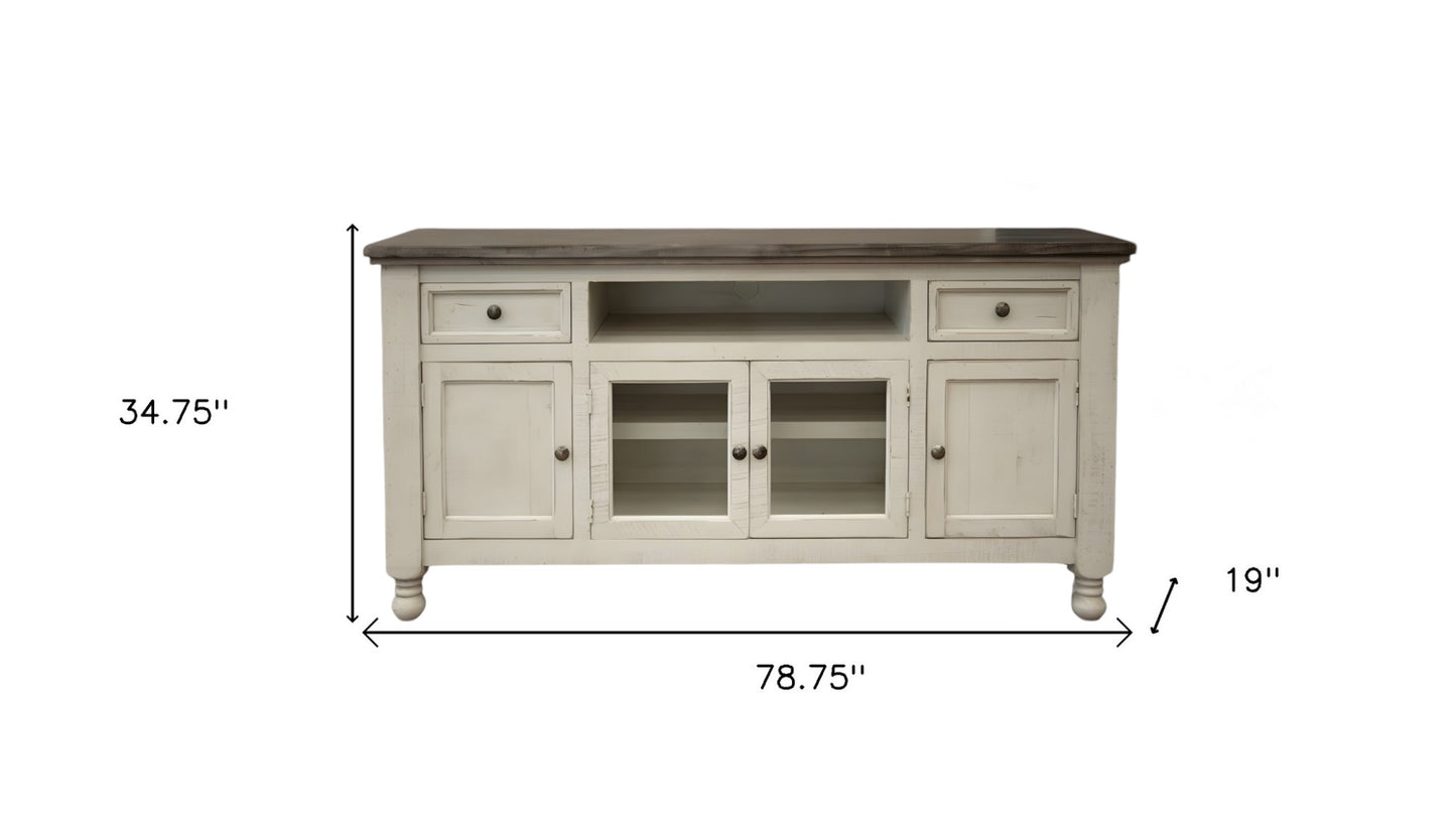 79" Ivory Solid Wood Open shelving Distressed TV Stand