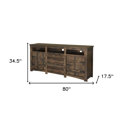 80" Brown Solid Wood Cabinet Enclosed Storage Distressed TV Stand