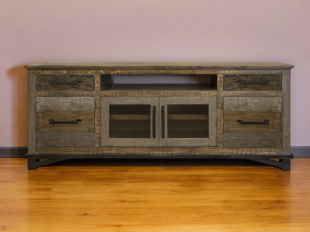 76" Brown Solid Wood Cabinet Enclosed Storage Distressed TV Stand