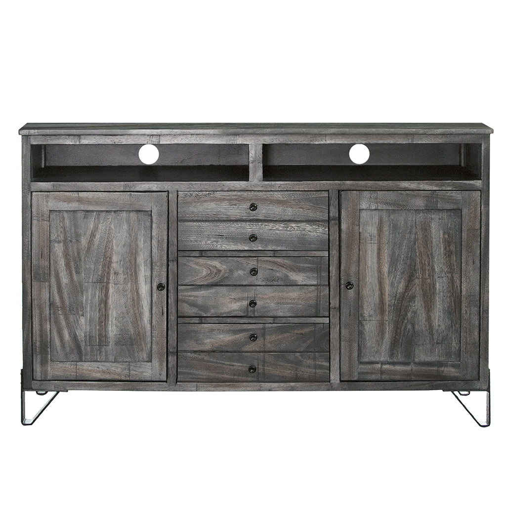 60" Gray Solid Wood Cabinet Enclosed Storage Distressed TV Stand