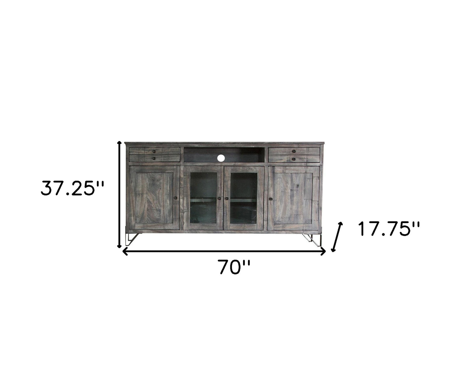 70" Gray Solid Wood Cabinet Enclosed Storage Distressed TV Stand