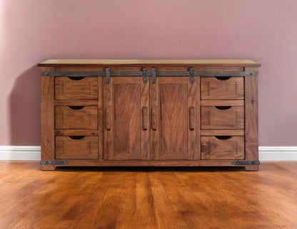 60" Brown Solid Wood Enclosed Storage Distressed TV Stand