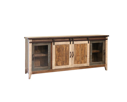 79" Brown Solid Wood Cabinet Enclosed Storage Distressed TV Stand