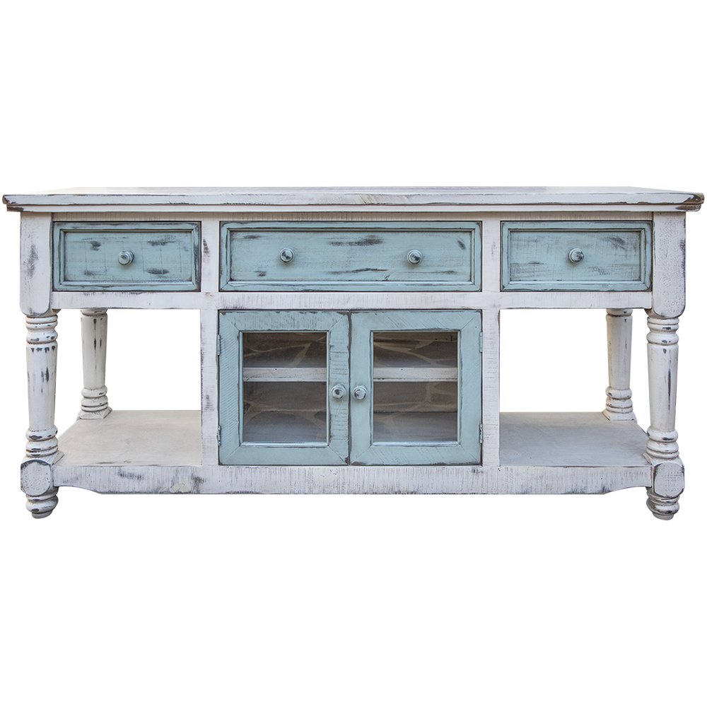 70" Blue and White Solid Wood Open shelving Distressed TV Stand