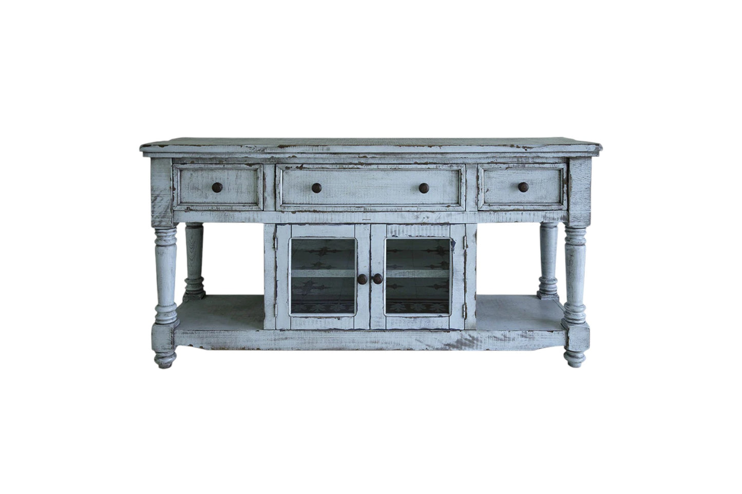 70" Blue Solid Wood Open shelving Distressed TV Stand