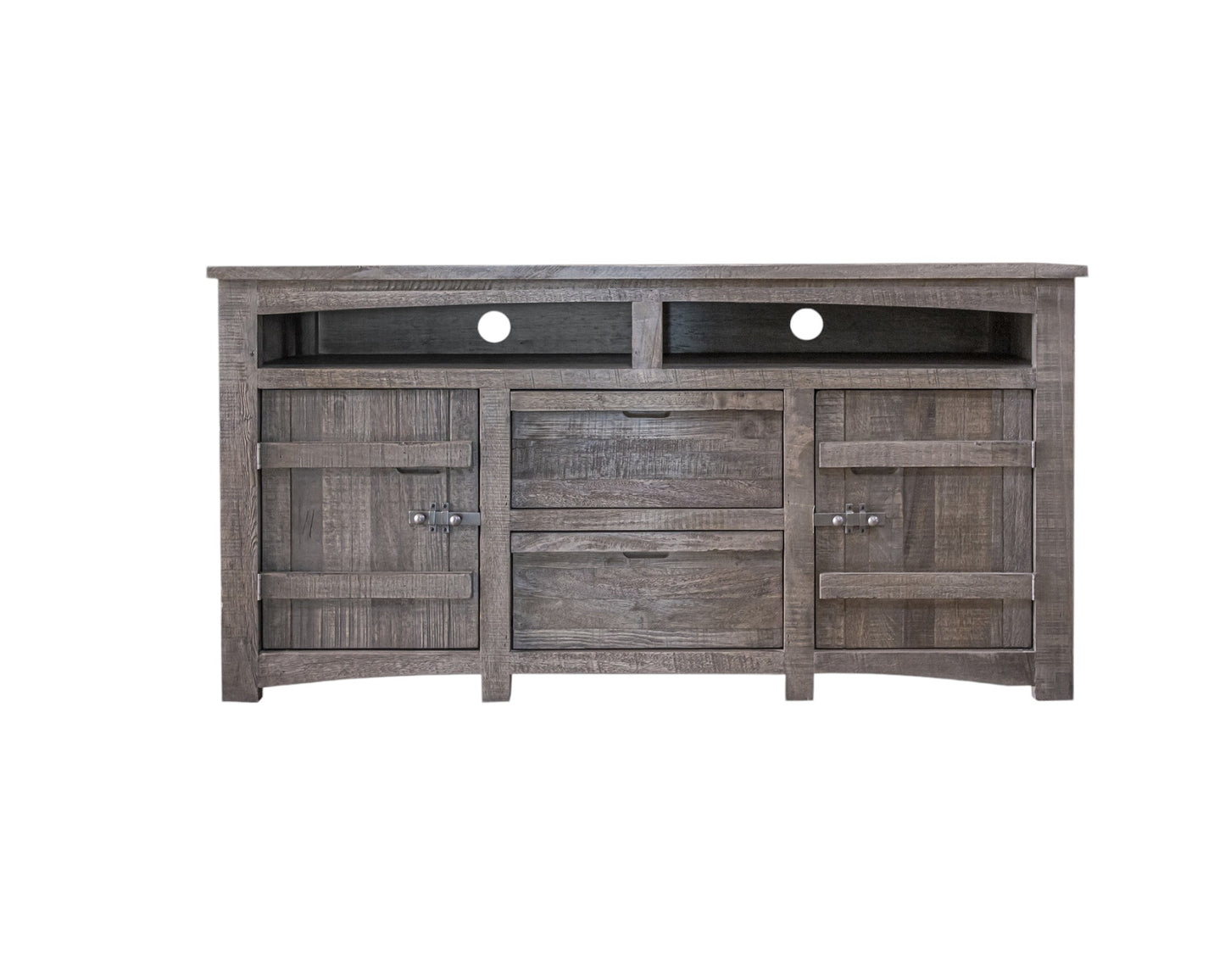 70" Gray Solid Wood Cabinet Enclosed Storage Distressed TV Stand