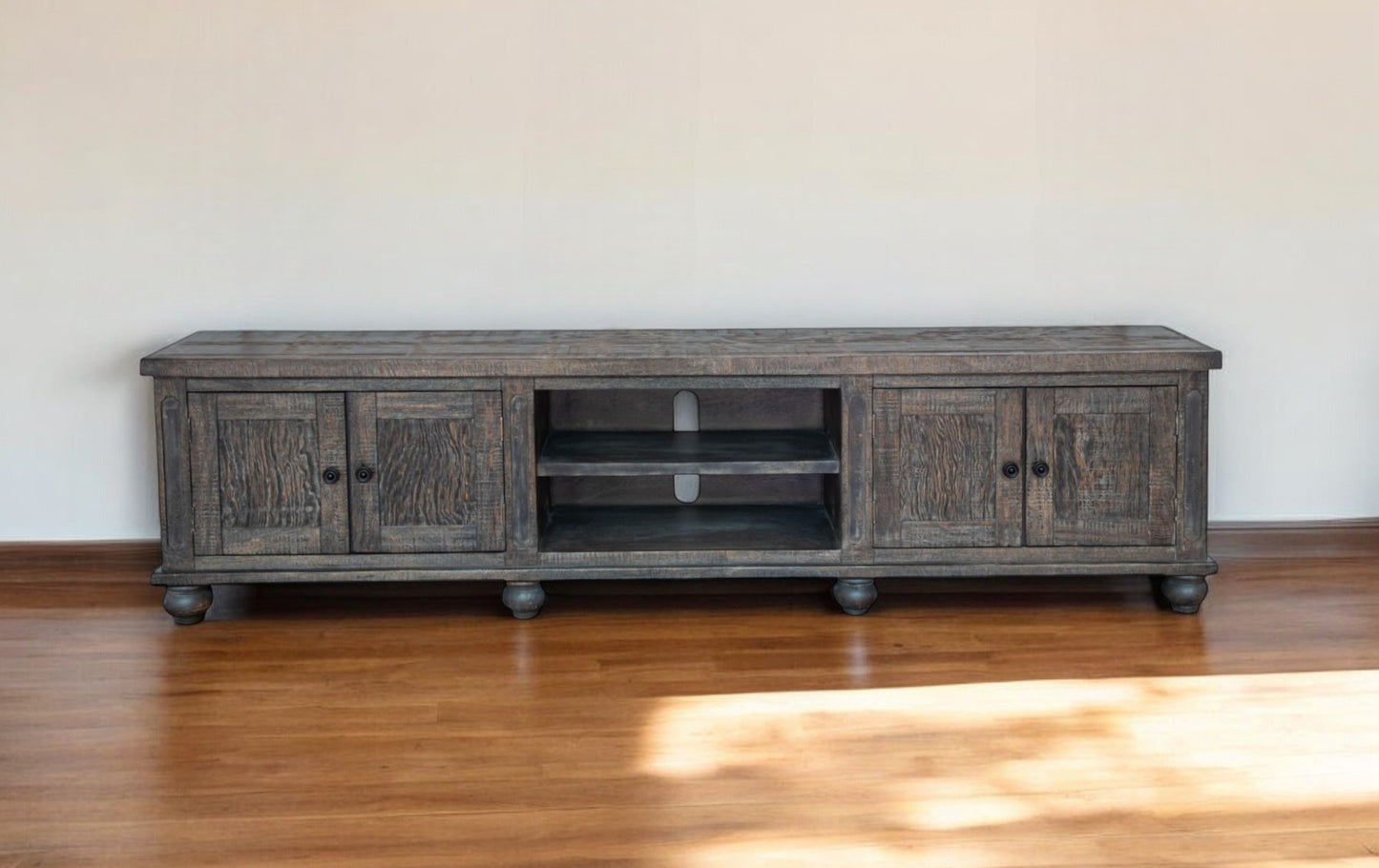 93" Brown Solid Wood Cabinet Enclosed Storage Distressed TV Stand