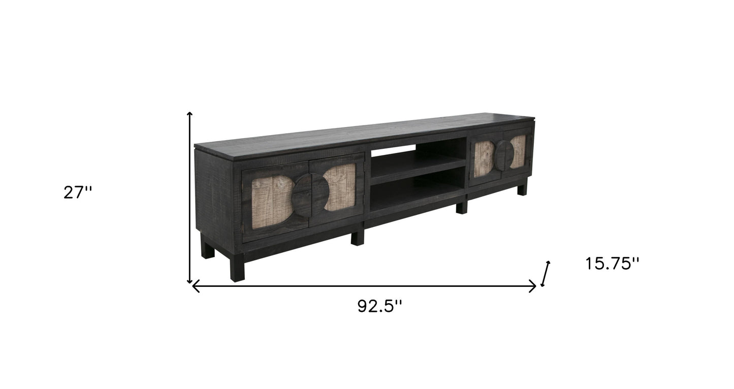 93" Black Solid Wood Cabinet Enclosed Storage Distressed TV Stand