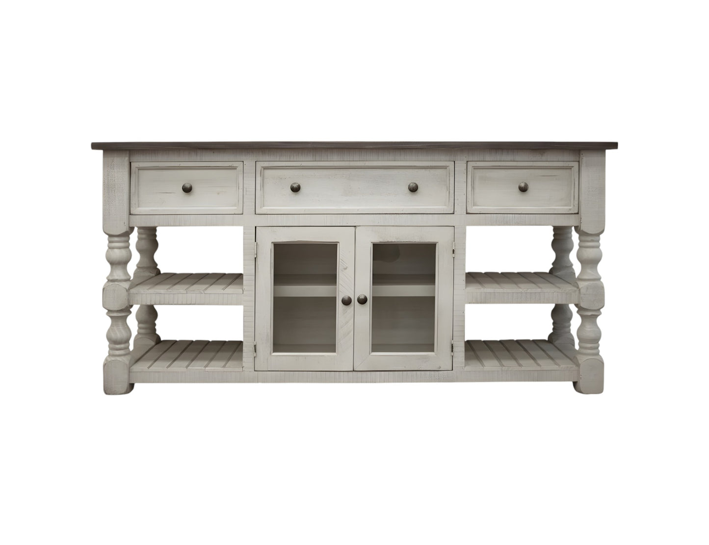 60" Ivory Solid Wood Open shelving Distressed TV Stand