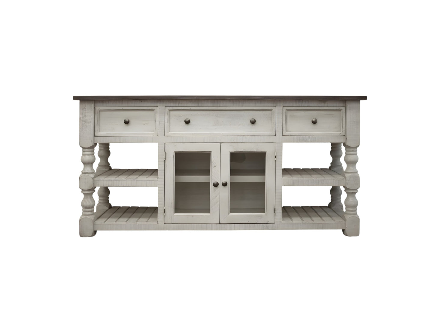 70" Ivory Solid Wood Open shelving Distressed TV Stand