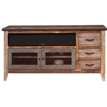 61" Brown Solid Wood Cabinet Enclosed Storage Distressed TV Stand