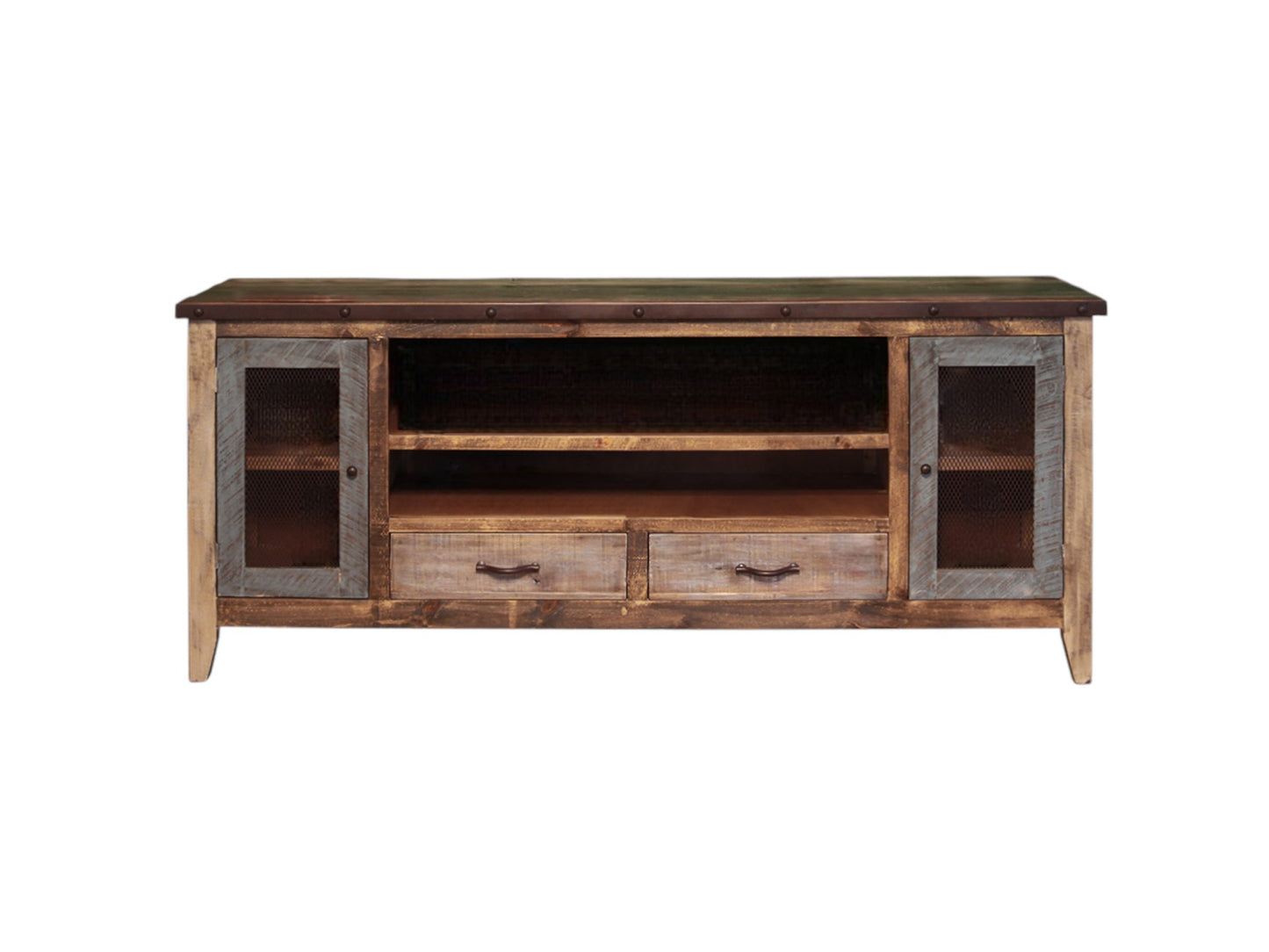 76" Brown Solid Wood Cabinet Enclosed Storage Distressed TV Stand