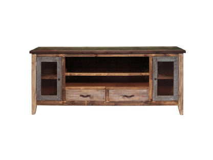 76" Brown Solid Wood Cabinet Enclosed Storage Distressed TV Stand