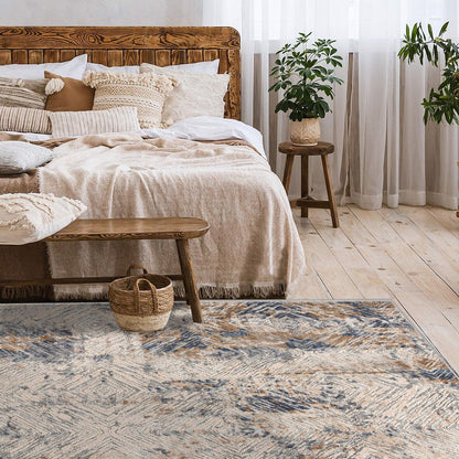 9' X 12' Blue and Ivory Abstract Distressed Area Rug