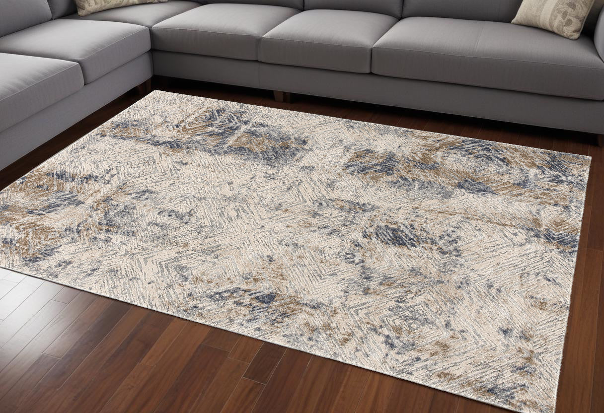 9' X 12' Blue and Ivory Abstract Distressed Area Rug