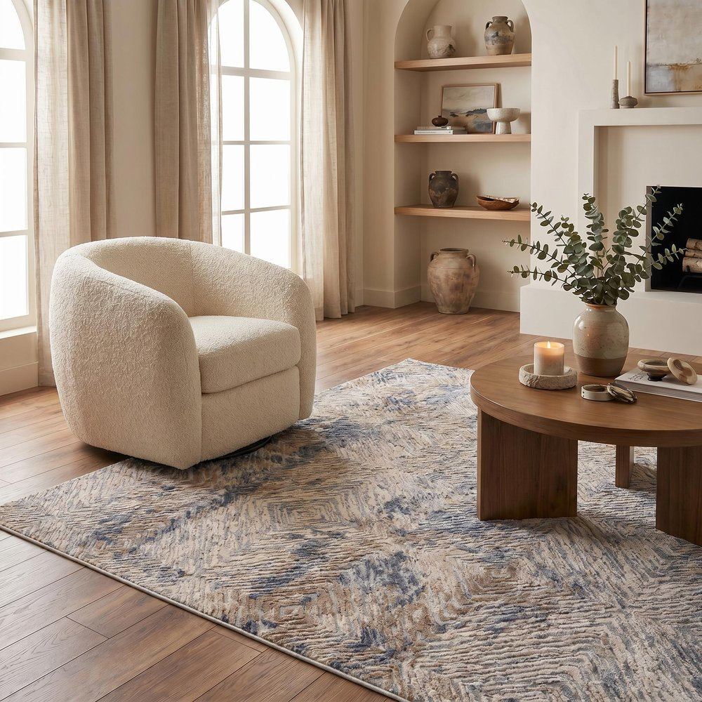9' X 12' Blue and Ivory Abstract Distressed Area Rug