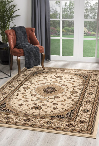 10' X 13' Beige and Black Oriental Washable Non Skid Area Rug