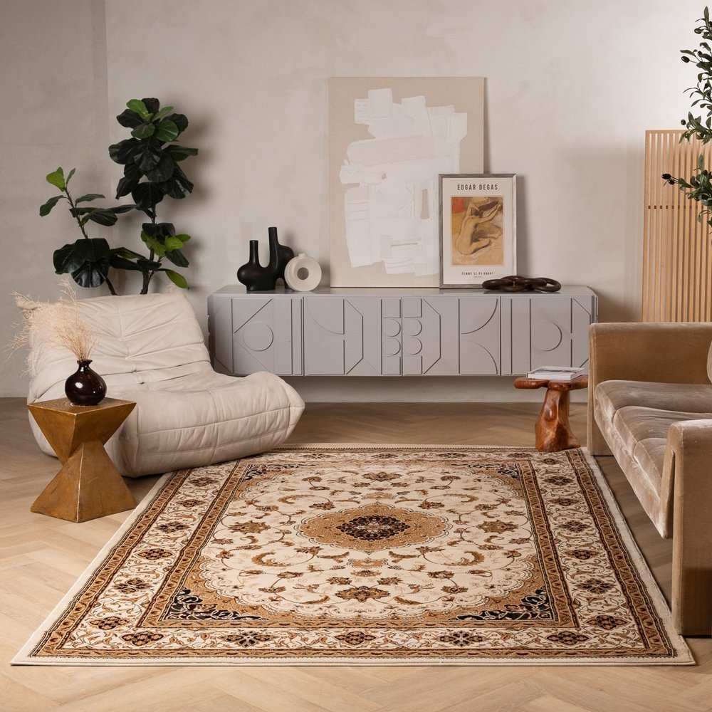 10' X 13' Beige and Black Oriental Washable Non Skid Area Rug