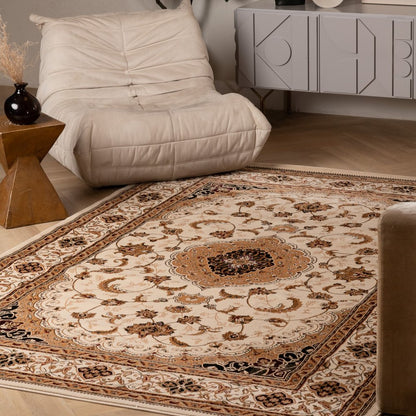 10' X 13' Beige and Black Oriental Washable Non Skid Area Rug