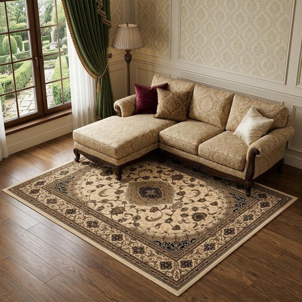10' X 13' Beige and Black Oriental Washable Non Skid Area Rug