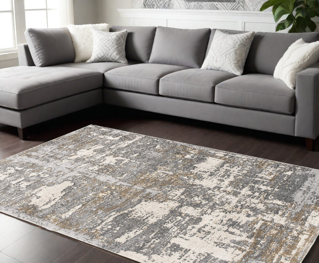 9' X 12' Beige Abstract Washable Non Skid Area Rug