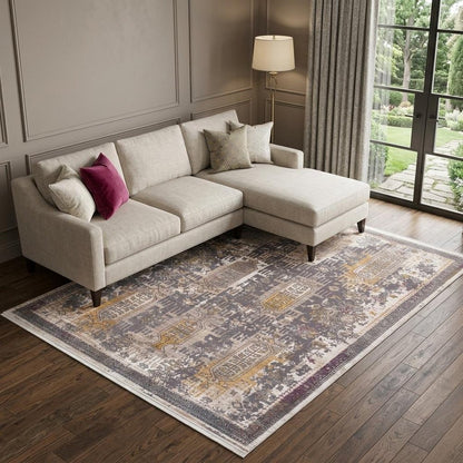 9' X 12' Gray and Ivory Oriental Power Loom Washable Non Skid Area Rug