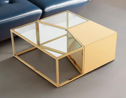 Set of Three 37" Clear And Gold Glass And Stainless Steel Square Mirrored Bunching Coffee Tables