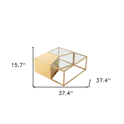 Set of Three 37" Clear And Gold Glass And Stainless Steel Square Mirrored Bunching Coffee Tables