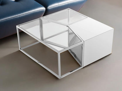 Set of Three 37" Clear And Gold Glass And Stainless Steel Square Mirrored Bunching Coffee Tables