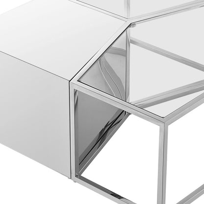 Set of Three 37" Clear And Gold Glass And Stainless Steel Square Mirrored Bunching Coffee Tables