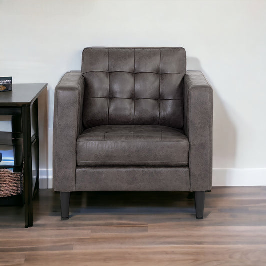 32" Gray And Espresso Fabric Tufted Arm Chair