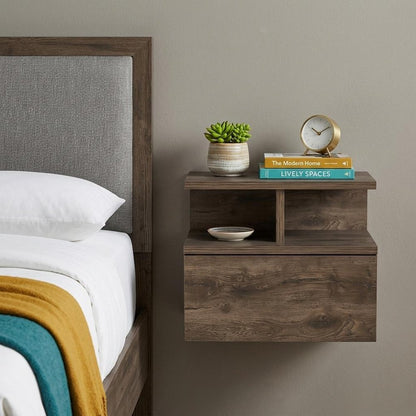 14" Brown Wood One Drawer Floating Nightstand