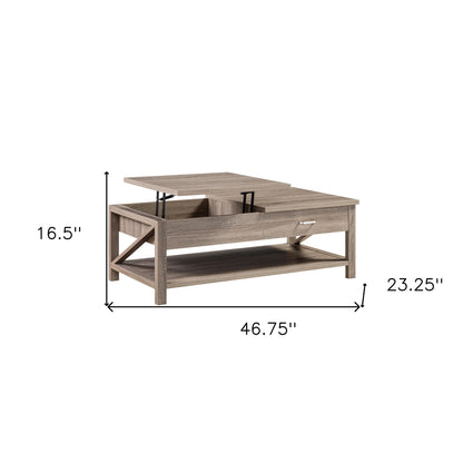 47" Taupe Wood Lift Top Coffee Table With Drawer And Shelf